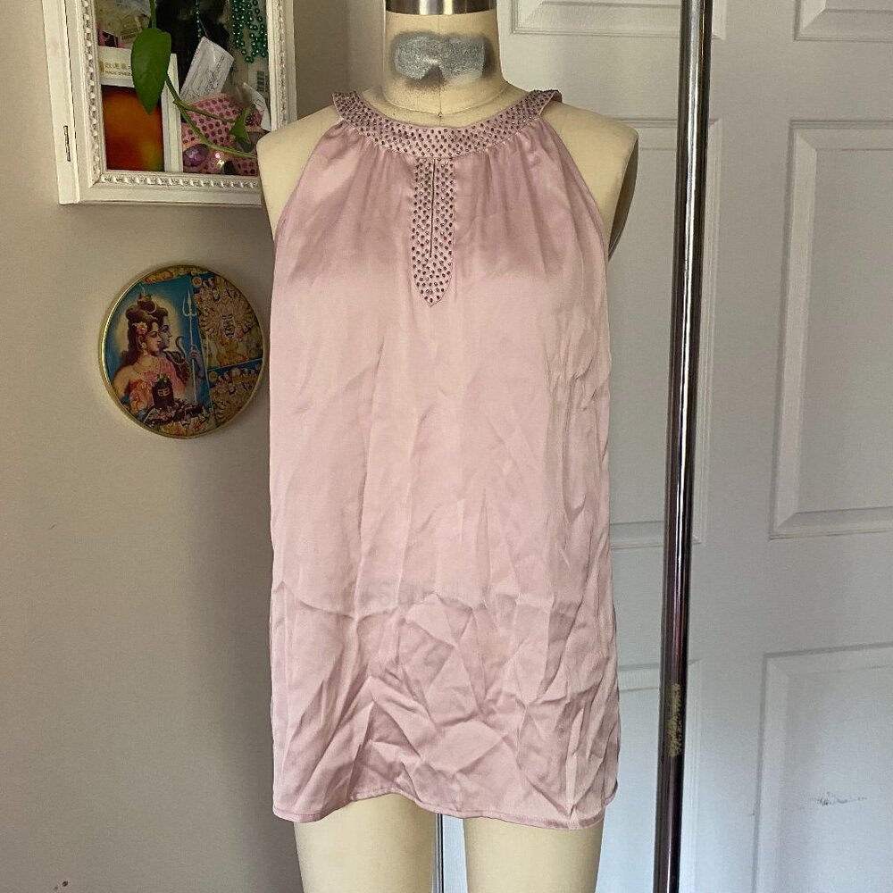 VIOLET & CLAIRE Pale Pink satin Rhinestone Studded High Halter Neck Tank *SM*